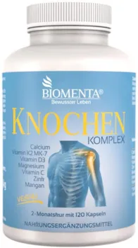 Produktbild von BIOMENTA Knochen Komplex - mit Calcium + Vitamin K2 MK-7 + Vitamin D3 + Magnesium + Vitamin C + Zink + Mangan - vegan - 120 Knochen-Kapseln - 2 Monatskur