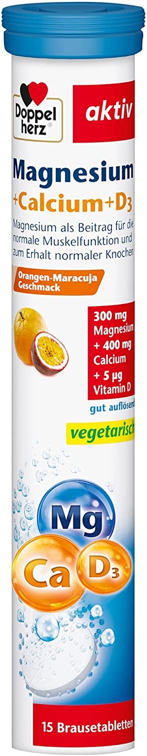 Produktbild von Doppelherz Magnesium + Calcium + D3 Brausetabletten – Nahrungsergänzungsmittel mit Orange-Maracuja-Geschmack – Magnesium für die normale Muskelfunktion – 1 x 15 Brausetabletten