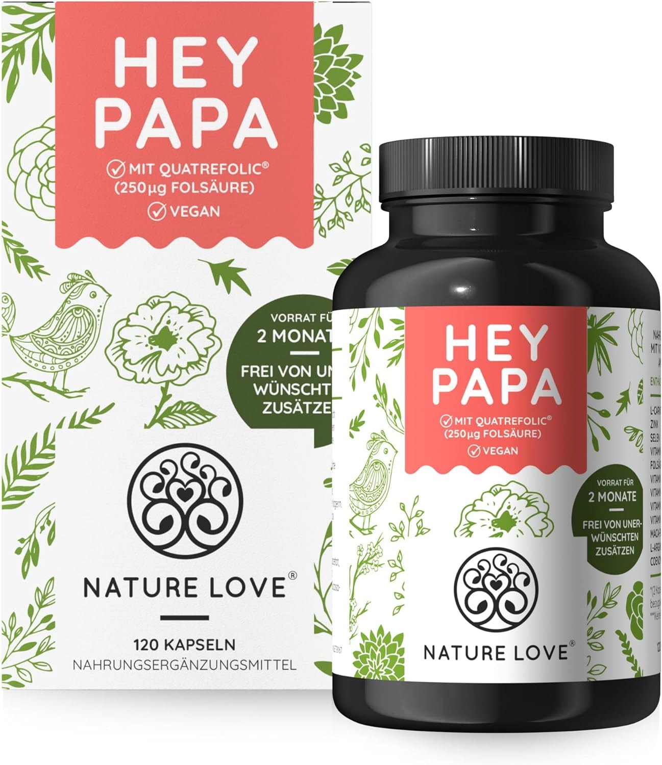 Produktbild von Bewertung NATURE LOVE Hey Papa Fertilitätskapseln 120 Kapseln für Männer mit Kinderwunsch 12 Inhaltsstoffe Folsäure Maca Selen Zink L-Arginin L-Carnitin Q10 Vitamin C B6 B12 D3 und E vegan und laborgeprüft