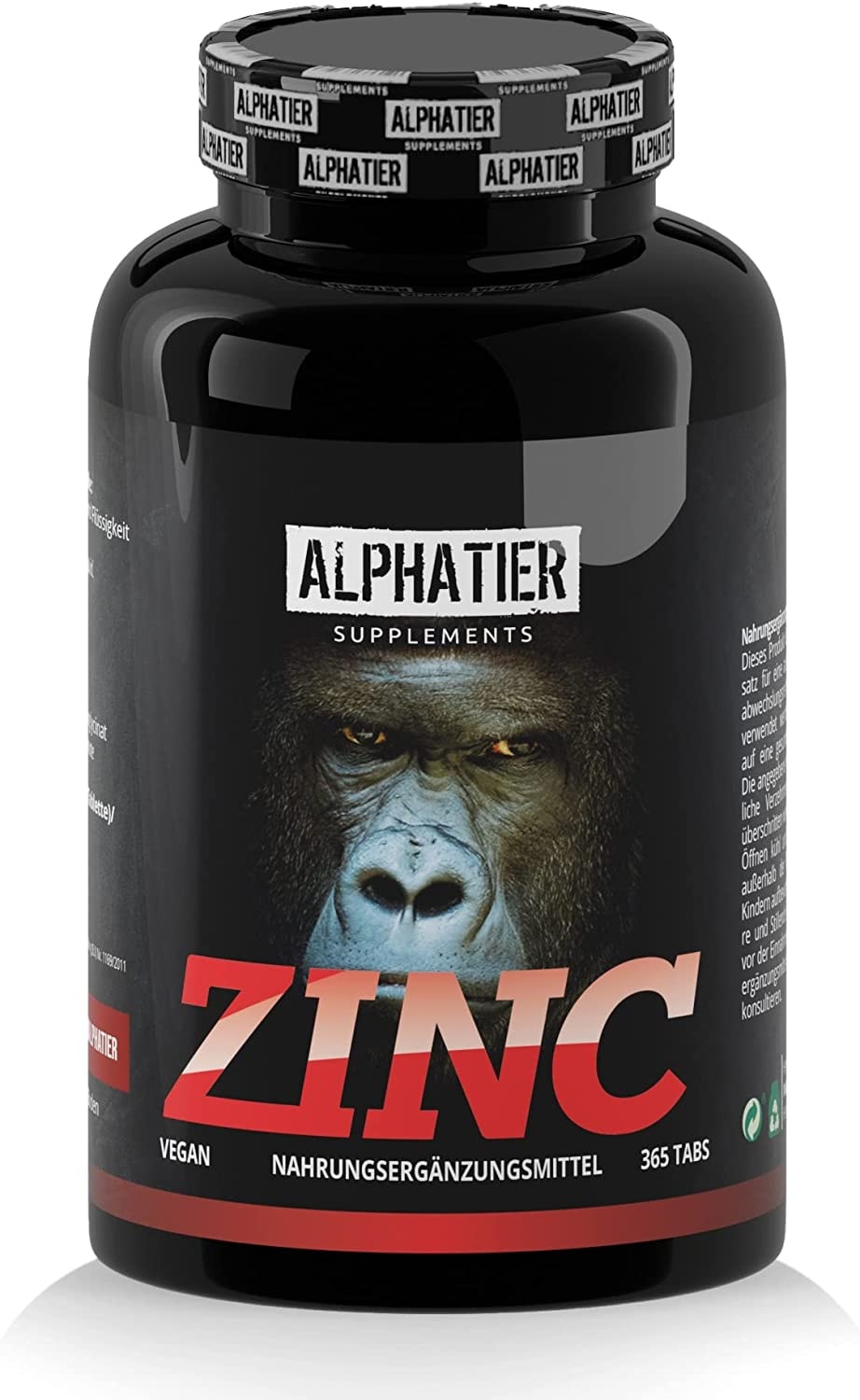 Produktbild von Alphatier Supplements Zinktabletten hochdosiert + vegan - 365 Zink Tabletten 25mg - Zink-Chelat ohne Zusatzstoffe/Magnesiumstearat - Elementar Zinc - Zinktabletten - Fitness + Bodybuilding