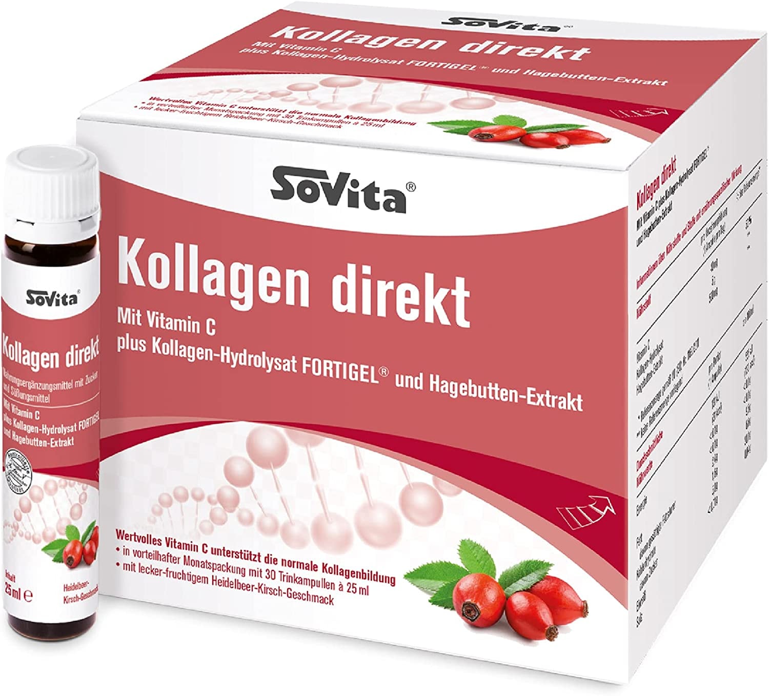 Produktbild von SoVita Kollagen mit Vitamin C plus Kollagen-Hydrolysat Fortigel® und Hagebutten-Extrakt Nahrungsergänzungsmittel | 30 x 25 ml