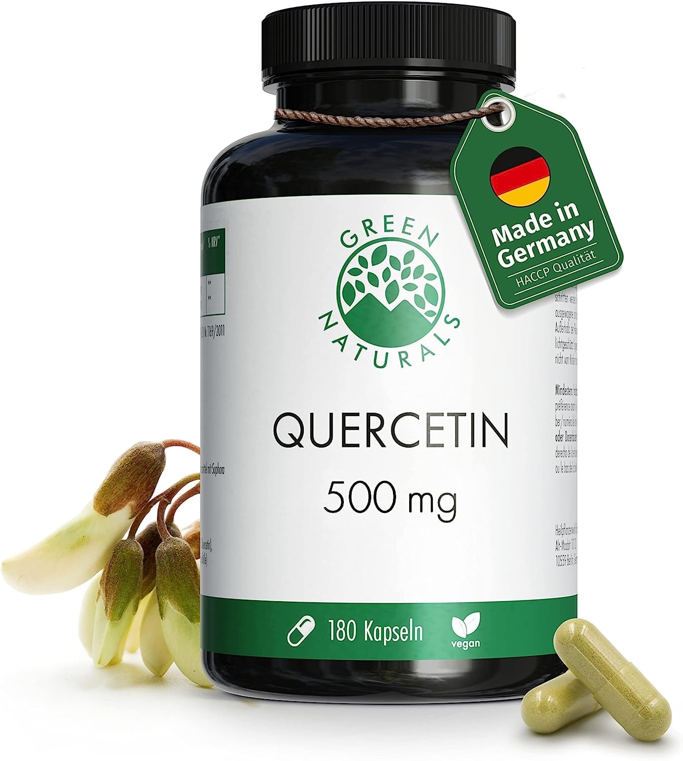 Produktbild von Bewertung GREEN NATURALS Quercetin 180 Kapseln á 500mg aus deutscher Herstellung 100% Vegan & Ohne Zusätze Vorrat für 6 Monate
