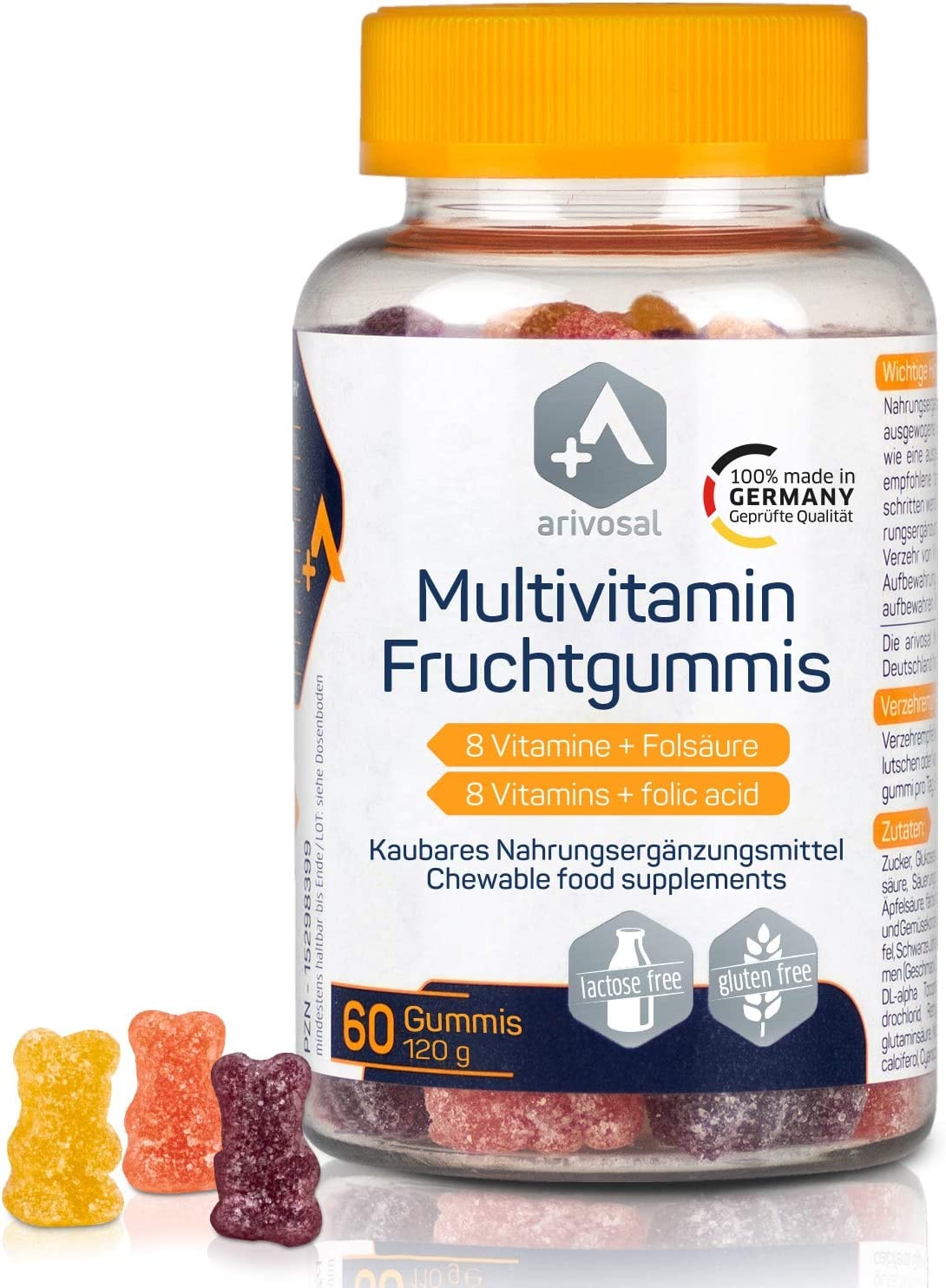 Produktbild von Arivosal - Multivitamin Kapseln zum Kauen – Multivitamin Gummibärchen – kaubare Vitamin Tabletten für Kinder & Erwachsene – 8 Vitamine & Folsäure – Made in Germany
