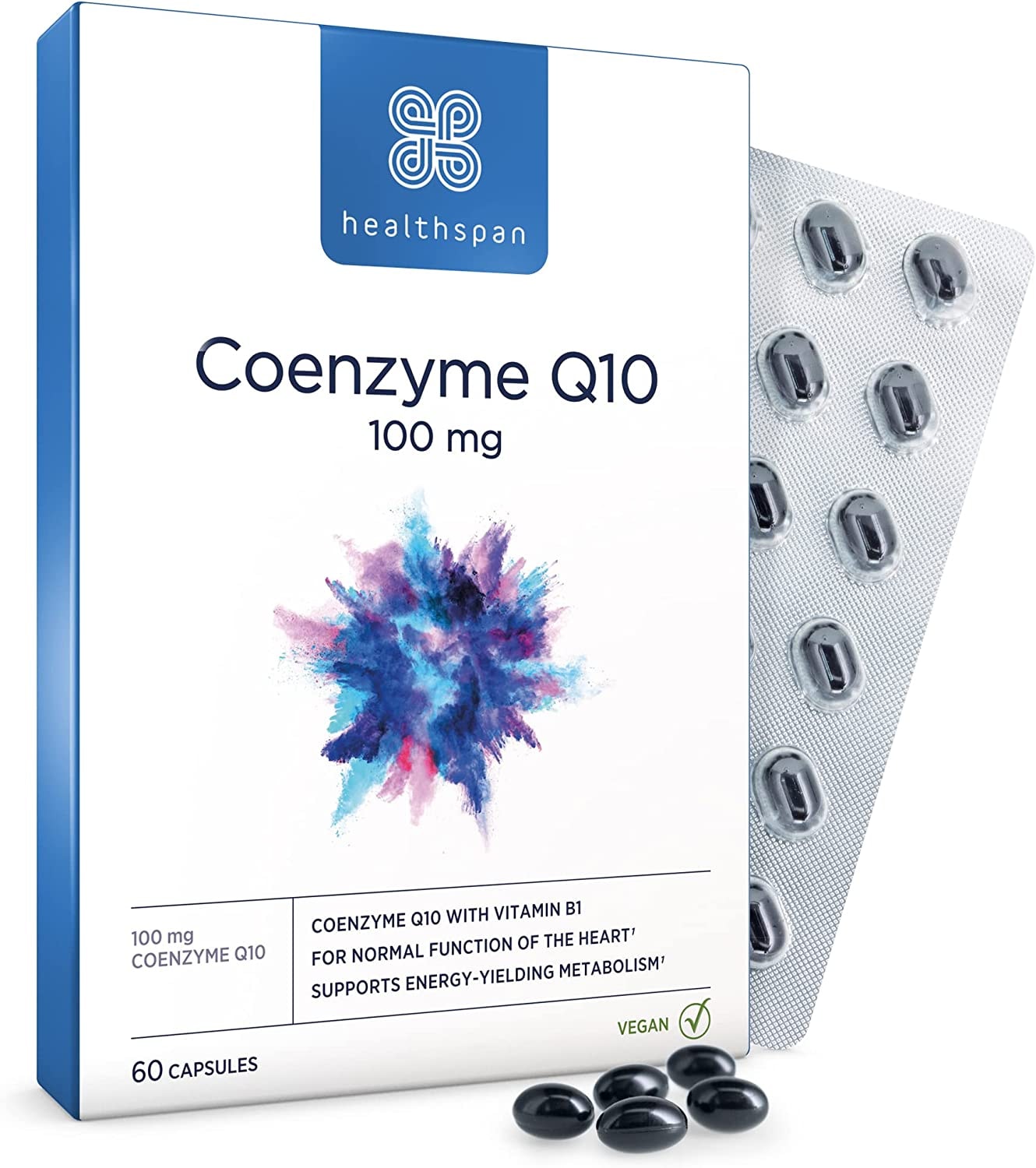 Produktbild von Healthspan Coenzym Q10 100 mg | 60 Kapseln | Zusatz von Vitamin B1 | Herzgesundheit und Energiestoffwechsel | Auf der Basis von Sonnenblumenöl | Vegan