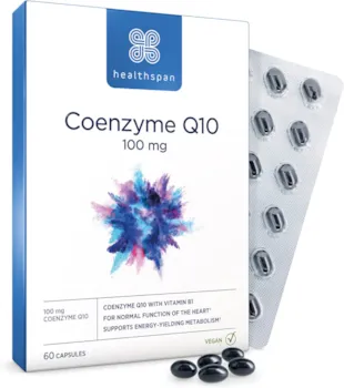 Produktbild von Healthspan Coenzym Q10 100 mg | 60 Kapseln | Zusatz von Vitamin B1 | Herzgesundheit und Energiestoffwechsel | Auf der Basis von Sonnenblumenöl | Vegan