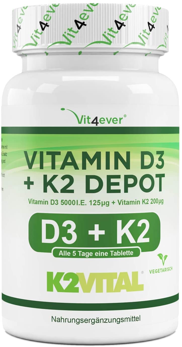 Produktbild von Vit4ever Vitamin D3 + K2 Depot - 365 Tabletten mit 5000 I.E + Vitamin K2 200 mcg pro EINER Tablette - 99,7+% All-Trans (K2VITAL® von Kappa) - Laborgeprüft - Hochdosiert - Premium Qualität