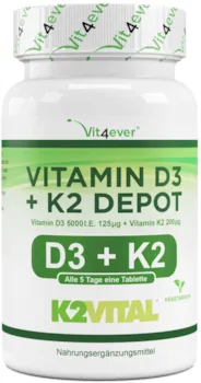 Produktbild von Vit4ever Vitamin D3 + K2 Depot - 365 Tabletten mit 5000 I.E + Vitamin K2 200 mcg pro EINER Tablette - 99,7+% All-Trans (K2VITAL® von Kappa) - Laborgeprüft - Hochdosiert - Premium Qualität