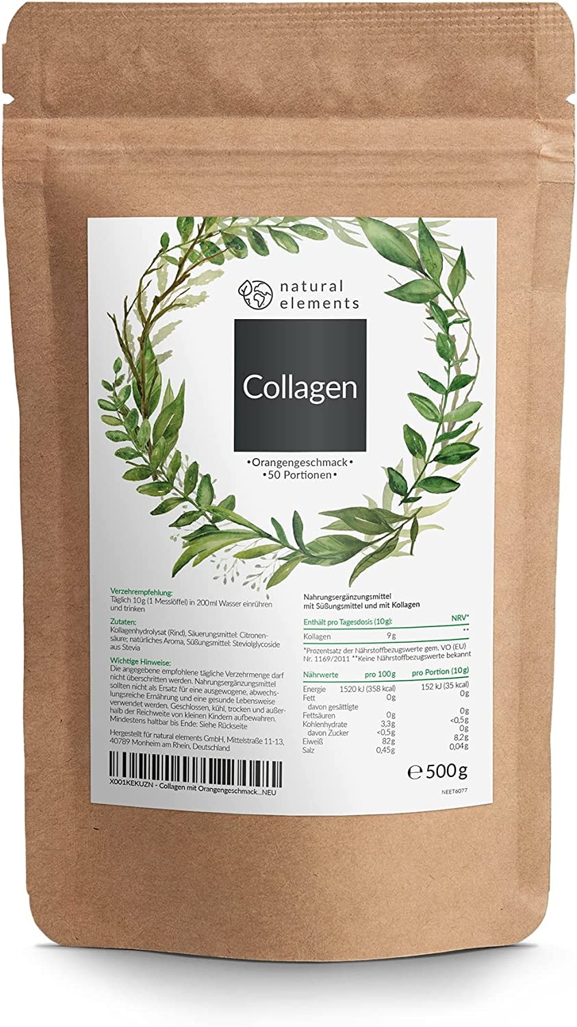 Produktbild von natural elements Collagen Pulver 500g Kollagen Hydrolysat Peptide Kollagen Typ 1 und 3 frischer Orangengeschmack perfekte Löslichkeit natürlich laborgeprüft und in Deutschland produziert