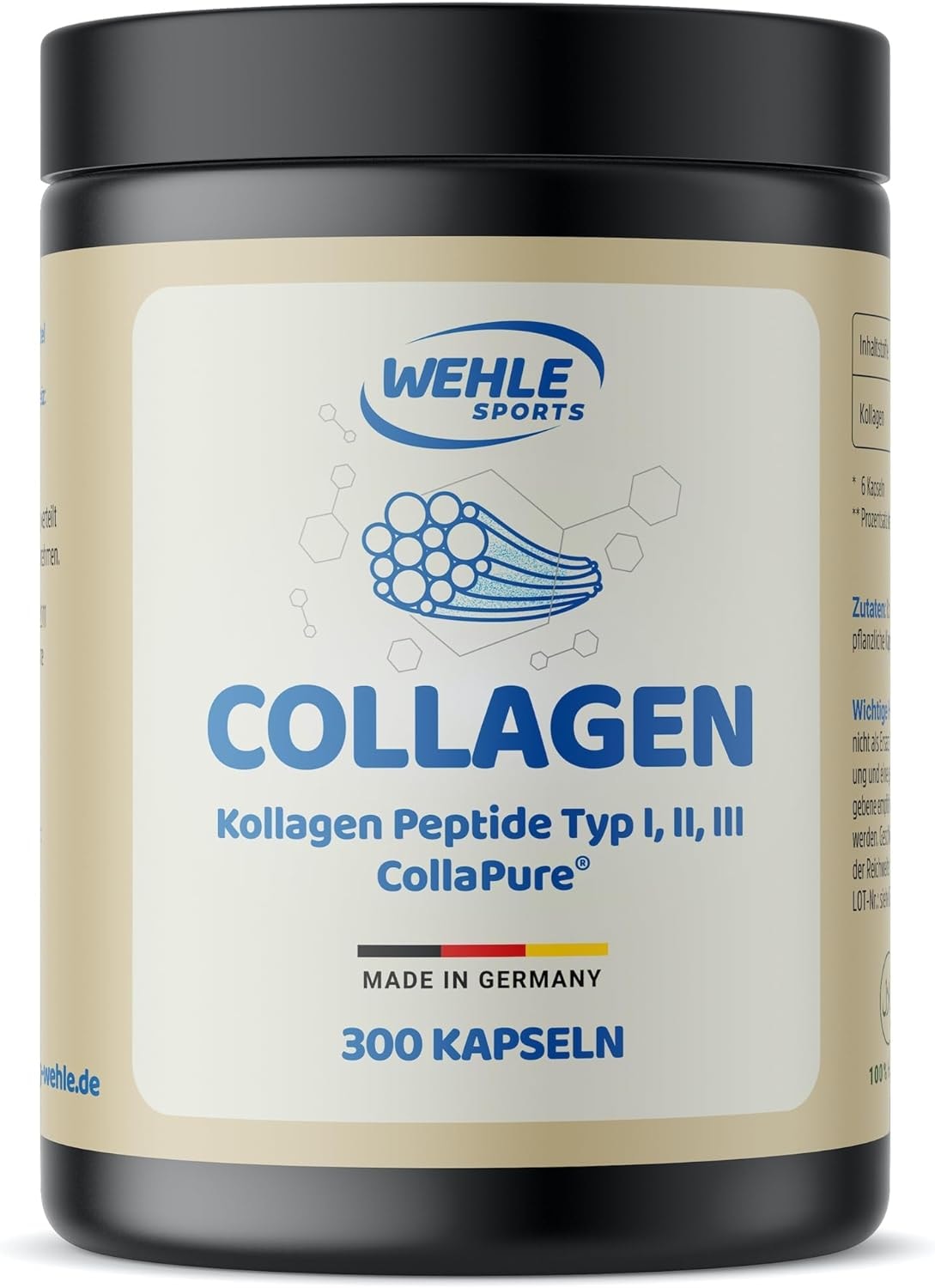 Produktbild von Bewertung Wehle Sports Collagen Kapseln 300 Stück hochdosiert 4500mg bioaktives Kollagen Hydrolysat Peptide pro Tagesdosis Wehle Sports made in Germany Kollagen Typ 1, 2 & 3