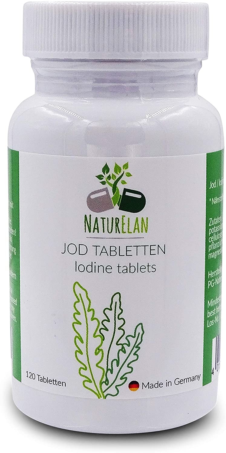 ‎NaturElan - Jod Tabletten - 150µg Iod aus Kaliumiodid - 120 Tabletten in Arzneimittelqualität, vegan, allergenfrei - 100% Tagesbedarf pro Tablette - wichtig für eine normale Funktion der Schilddrüse