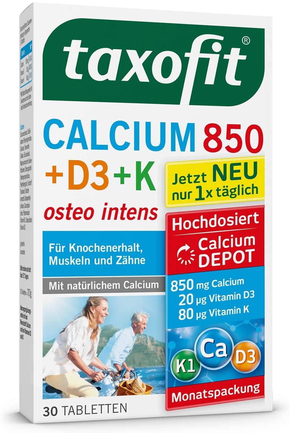 Produktbild von taxofit Calcium 850 Vitamin D3 K Depottabletten hochdosiert für Knochen, Muskeln und Zähne 30 Tabletten