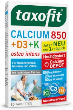 Produktbild von taxofit Calcium 850 Vitamin D3 K Depottabletten hochdosiert für Knochen, Muskeln und Zähne 30 Tabletten