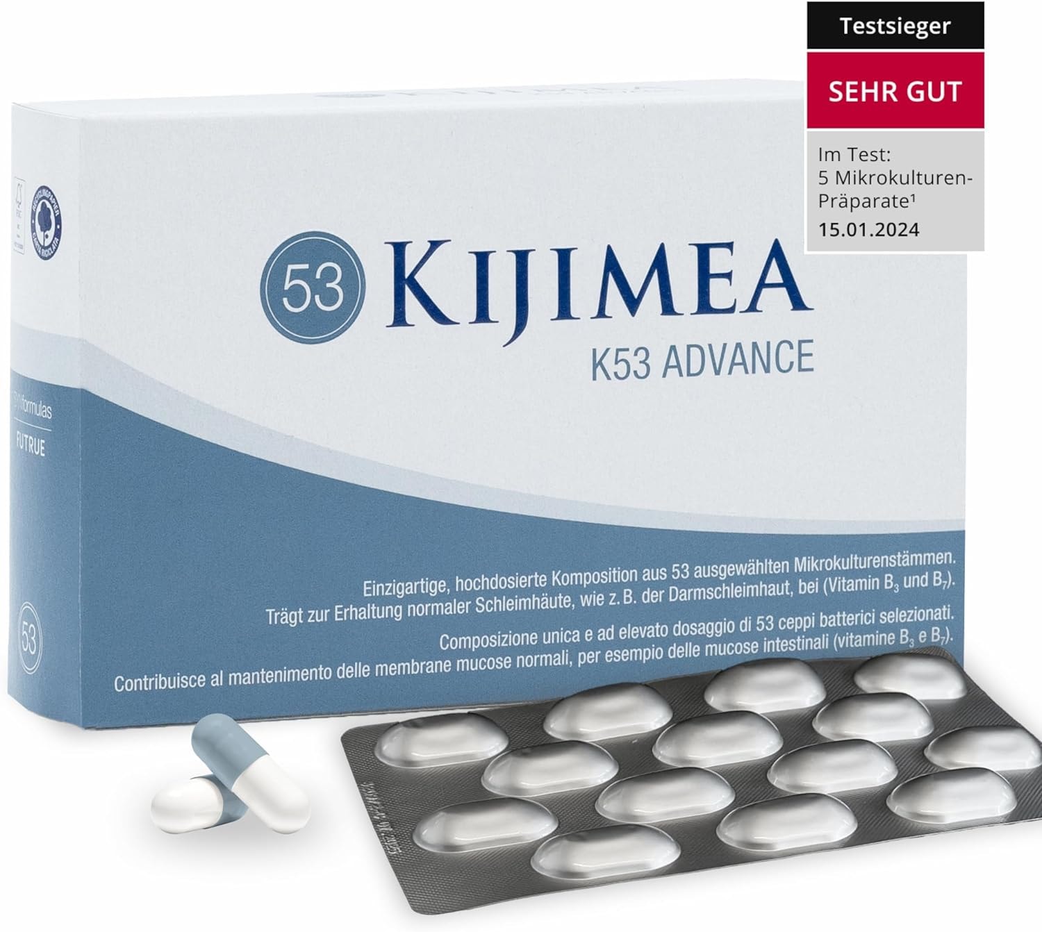 Produktbild von Bewertung Kijimea K53 Advance 20 Milliarden Darmbakterien je Kapsel Breitband Multibiotikum hochdosiert mit 53 ausgewählte Mikrokulturen Stämme aus der Darmflora mit Biotin