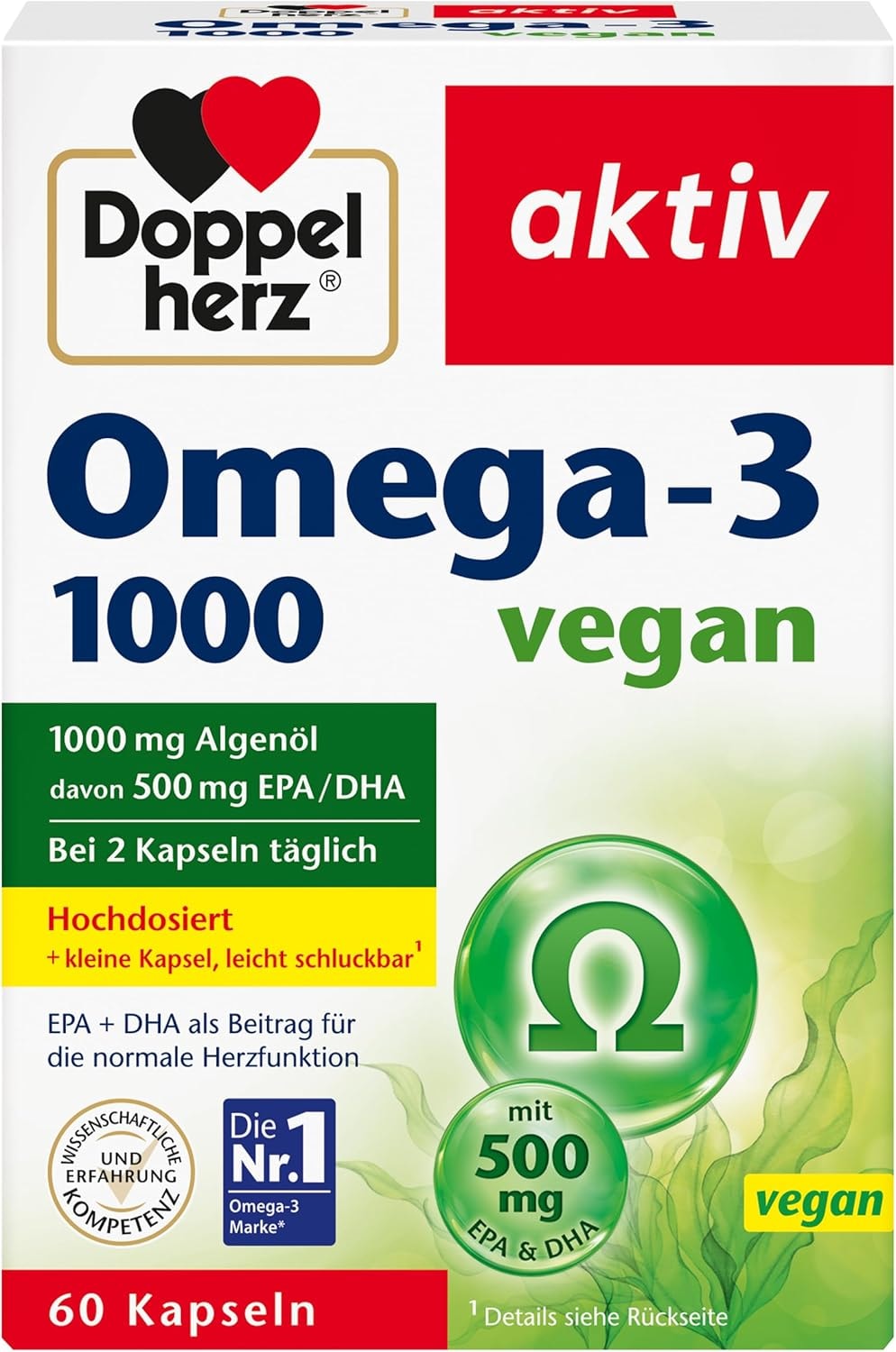 Produktbild von Bewertung Doppelherz Omega-3 1000 vegan Hochdosierte Omega-3-Fettsäuren EPA und DHA aus pflanzlichem Algenöl 60 kleine und vegane Kapseln