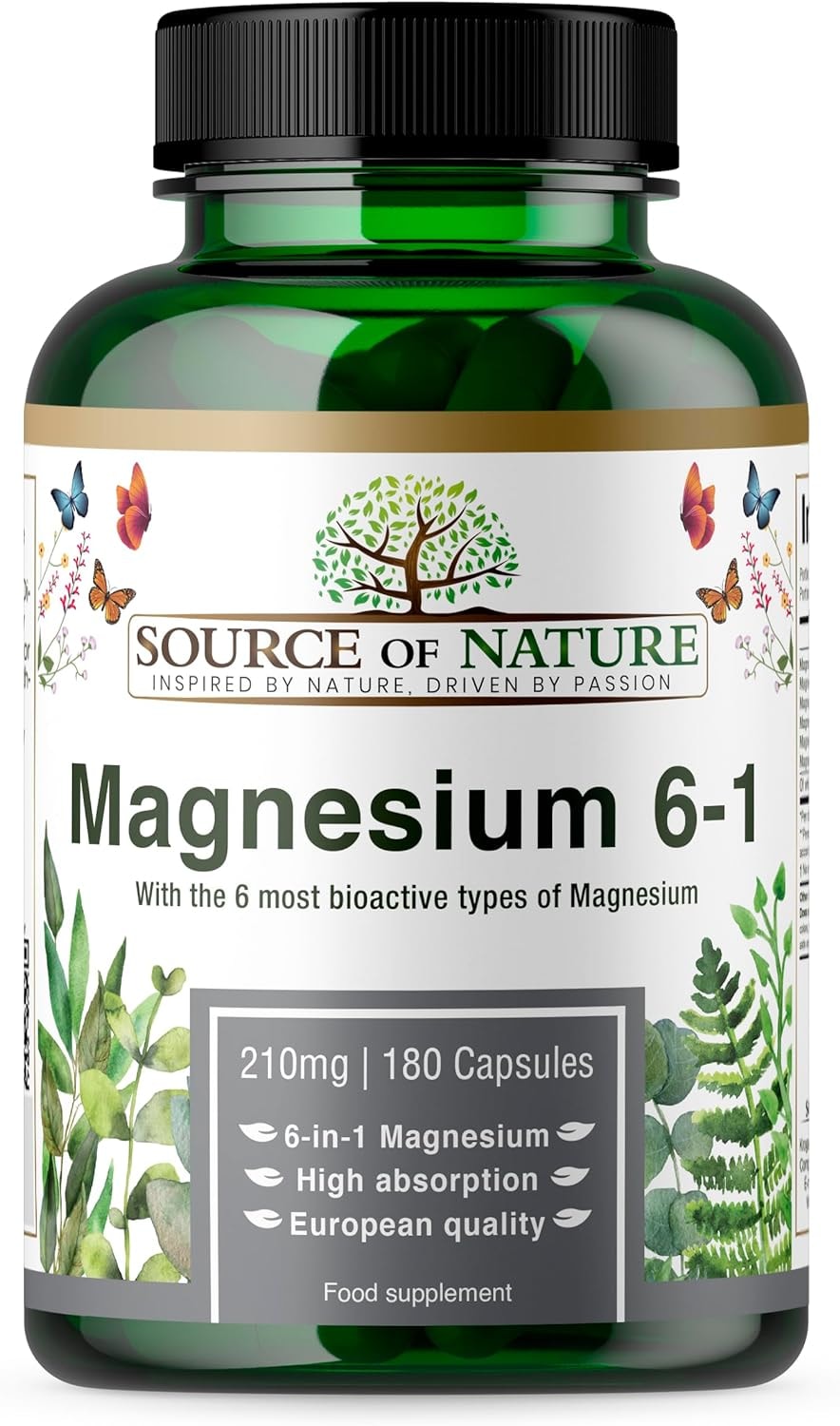 Produktbild von Bewertung Source of Nature 6-in-1 Magnesium 210mg 6 bioaktive Magnesiumsorten 180 Kapseln Wissenschaftliche Rezeptur aus Magnesium -L-Threonat, Malat, Taurat, Bisglycinat, Citrat und -Oxid