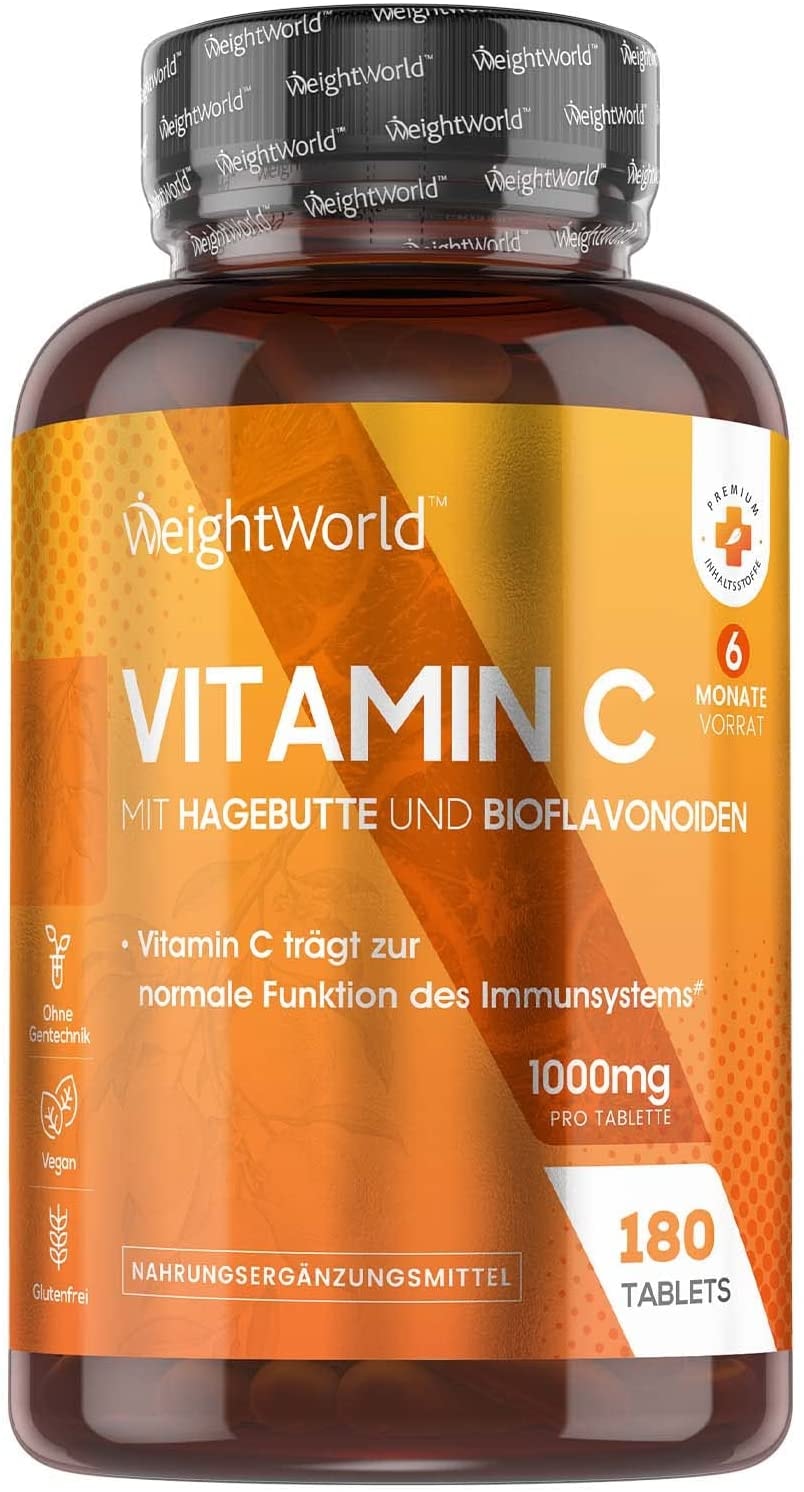 Produktbild von WeightWorld Vitamin C Tabletten - 180 vegane Tabletten für 6 Monate - Reines Vitamin C 1000mg pro Tablette - Mit Bioflavonoiden & 20mg Hagebutte - Ascorbinsäure aus pflanzlicher Fermentation