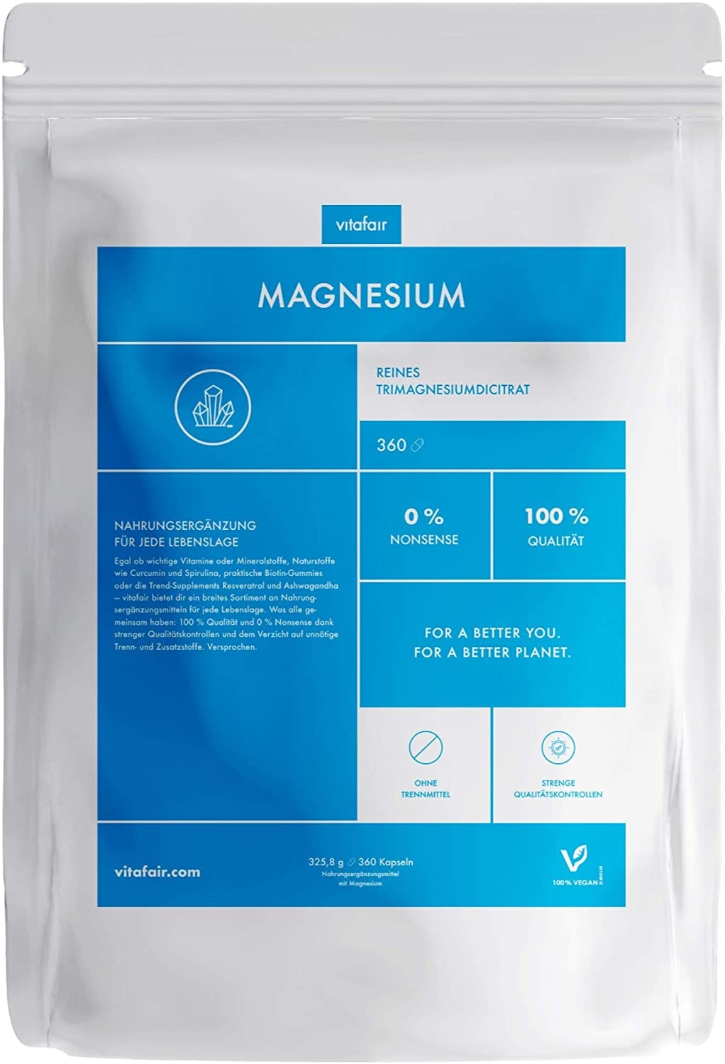 Produktbild von vitafair Magnesium Kapseln 114mg Magnesium pro Kapsel Vegan, Ohne Zusatzstoffe, German Quality 120% Tagesbedarf hochdosiert Tri-Magnesiumdicitrat 360 Kapseln