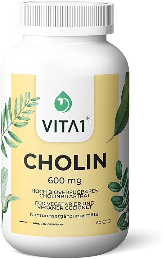Produktbild von VITA 1 Cholin 600 mg • 60 Kapseln (Monatspackung) • für einen normalen Fettstoffwechsel • VITA1 • Cholin-Kapseln von Vita1® sind besonders für Veganer und Vegetarier