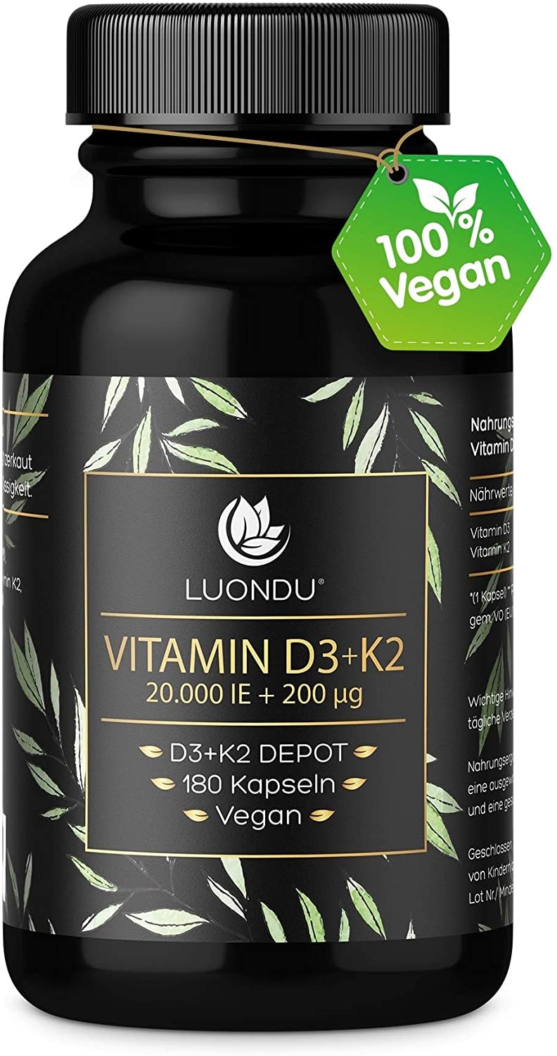 Produktbild von Bewertung Luondu Kapseln Vitamin D3 mit Vitamin K2 MK7 mit 20.000 IE 180 Kapseln Hochdosiert Vegan