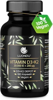 Produktbild von Bewertung Luondu Kapseln Vitamin D3 mit Vitamin K2 MK7 mit 20.000 IE 180 Kapseln Hochdosiert Vegan