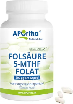 APOrtha Folsäure 5-MTHF Folat, 120 vegane Kapseln, 300 µg aktivierte Folsäure pro Kapsel, hochdosiert und leicht zu schlucken, allergenfrei, vegan, glutenfrei, Alternative zu Tropfen und Tabletten