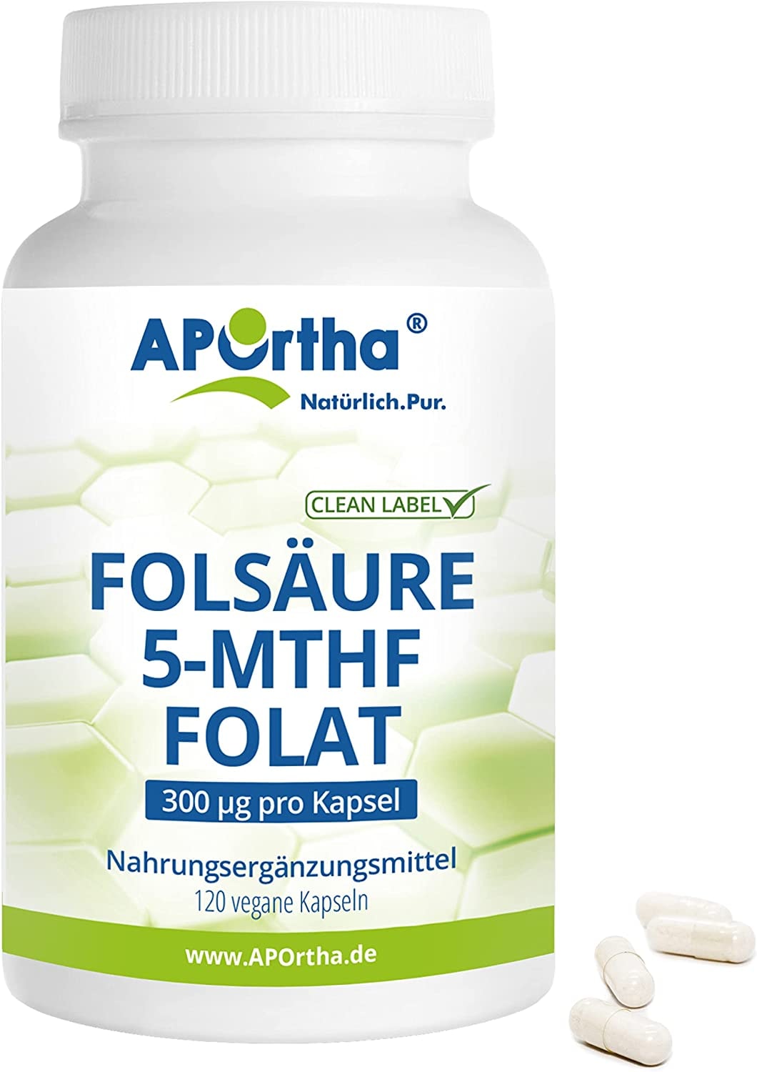 Produktbild von Bewertung APOrtha Folsäure 5-MTHF Folat 120 vegane Kapseln, 300 µg aktivierte Folsäure pro Kapsel, hochdosiert und leicht zu schlucken, allergenfrei, vegan, glutenfrei, Alternative zu Tropfen und Tabletten