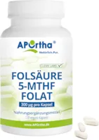 Produktbild von Bewertung APOrtha Folsäure 5-MTHF Folat 120 vegane Kapseln, 300 µg aktivierte Folsäure pro Kapsel, hochdosiert und leicht zu schlucken, allergenfrei, vegan, glutenfrei, Alternative zu Tropfen und Tabletten