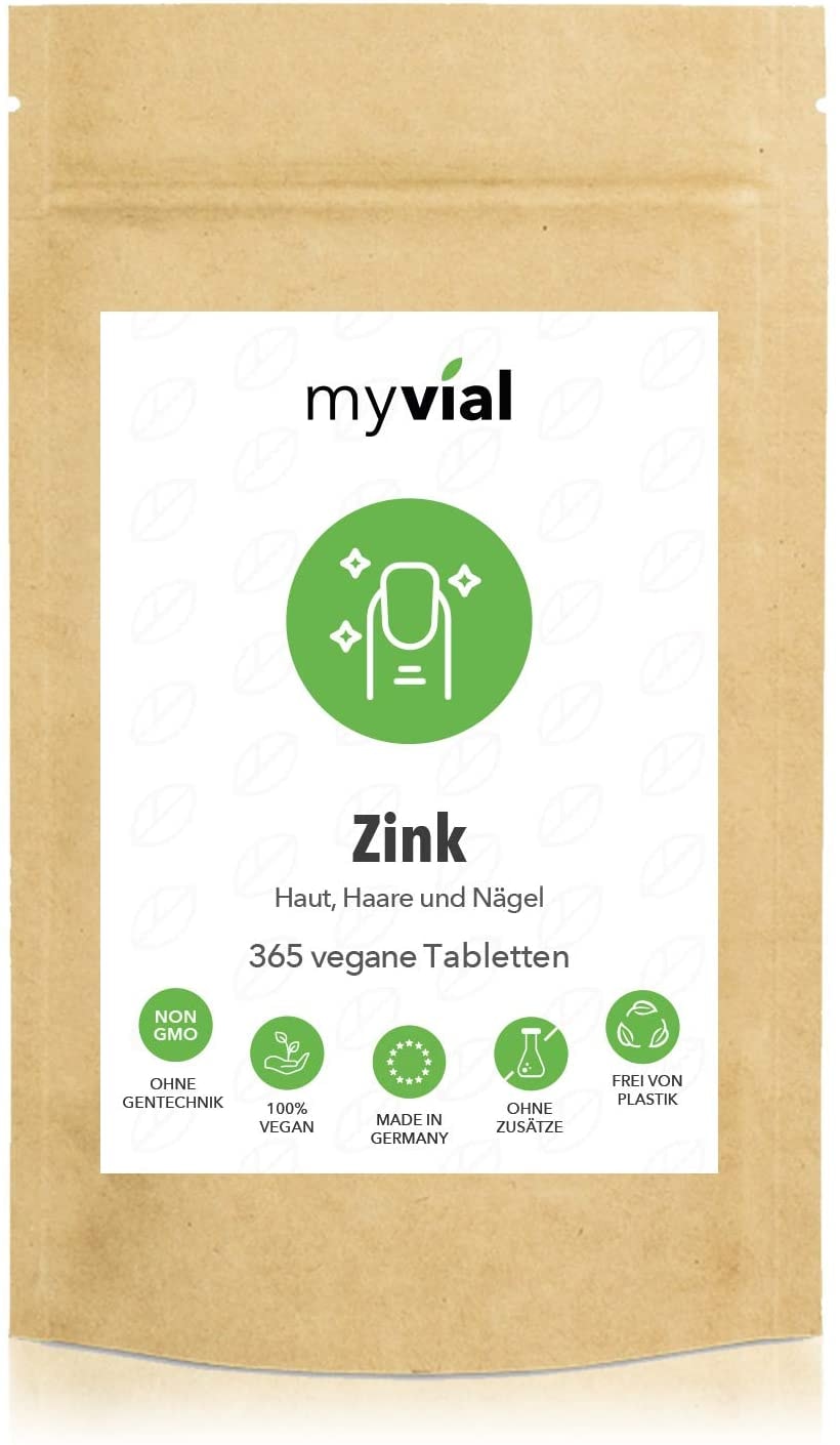 Produktbild von myvial 365 Zink Tabletten hochdosiert im Jahresvorrat 25mg elementarem Zink pro Tablette Premium: Zink-Bisglycinat Vegan Ohne Zusätze Plastikfrei verpackt