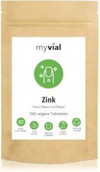 Produktbild von myvial 365 Zink Tabletten hochdosiert im Jahresvorrat 25mg elementarem Zink pro Tablette Premium: Zink-Bisglycinat Vegan Ohne Zusätze Plastikfrei verpackt