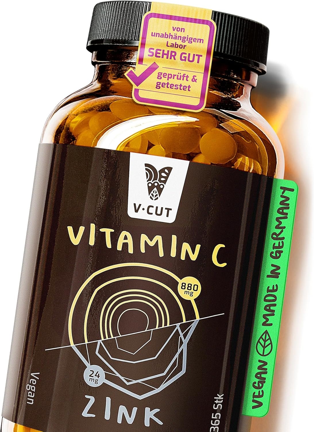 Produktbild von Bewertung Vcut Vitamin C mit Zink hochdosiert 365 Tabletten Vegan Laktosefrei Glutenfrei Nachhaltig im Glas Nahrungsergänzungsmittel ohne unnötige Zusätze Made in Germany