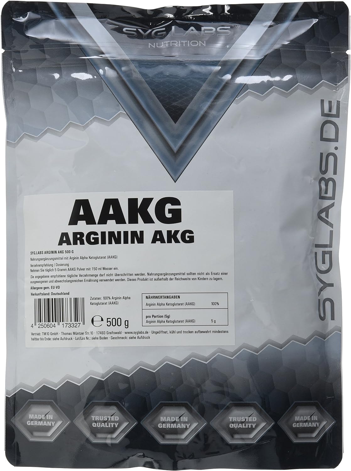 Produktbild von Bewertung Syglabs Nutrition AAKG Arginin AKG Pulver 500g L-Arginin Alpha Ketoglutarat 2:1 ohne Zusätze vegan