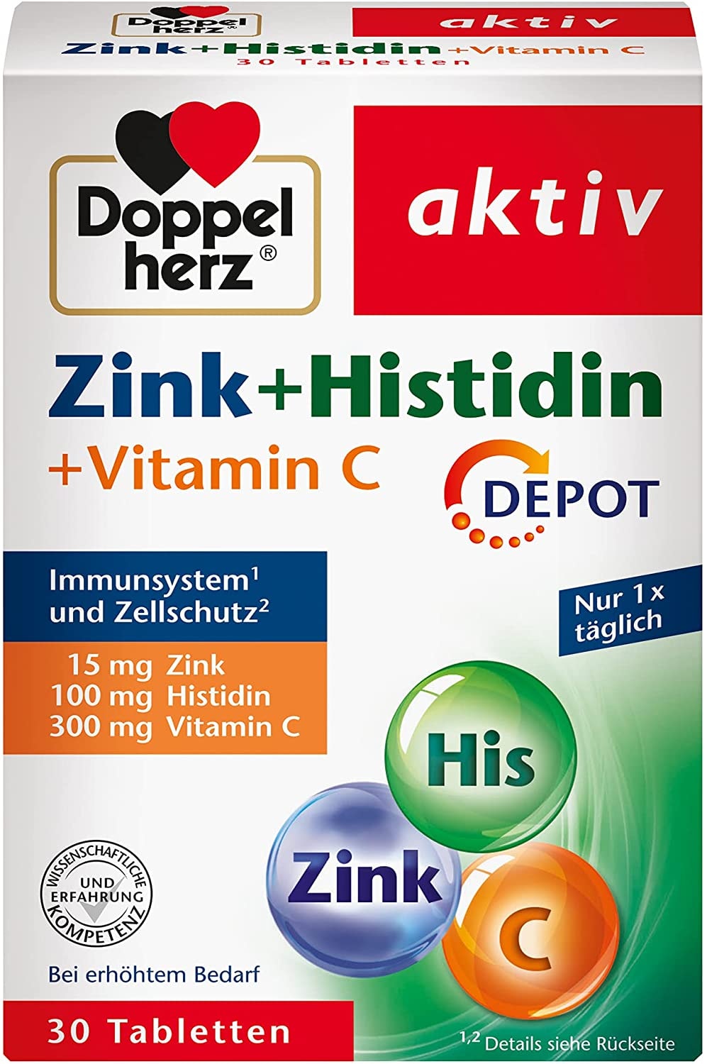Produktbild von Doppelherz Zink + Histidin + Vitamin C DEPOT – mit Zink als Beitrag für die normale Funktion des Immunsystems – 1 x 30 Tabletten