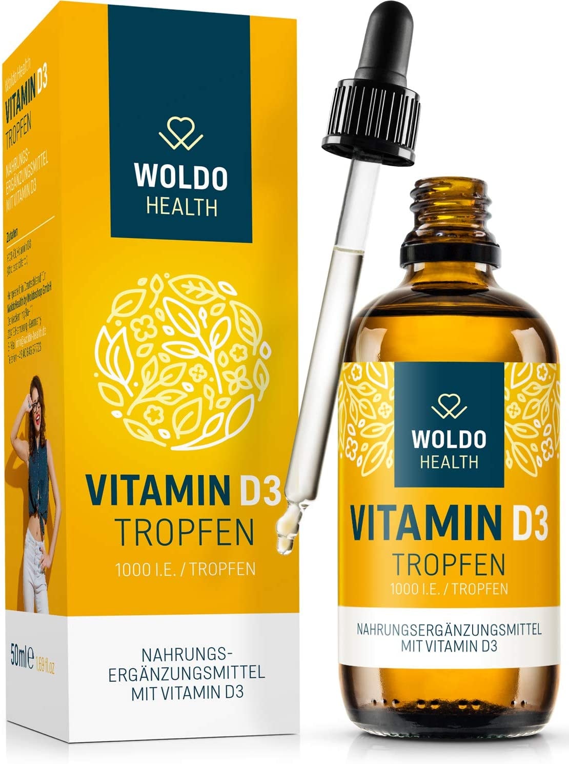 Produktbild von WoldoHealth Vitamin D3 flüssig hochdosiert laborgeprüfte 1.000 I.E pro Tropfen – 50ml D 3 1800 Tropfen