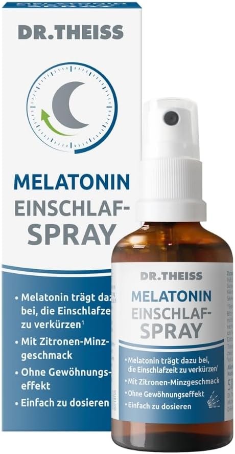 Produktbild von Bewertung Dr Theiss Melatonin Einschlaf Spray 50ml Hilfe bei Einschlafproblemen Mit Melatonin & Passionsblumenextrakt Vegan und ohne Zucker Zitronen Minzgeschmack PZN 16910187