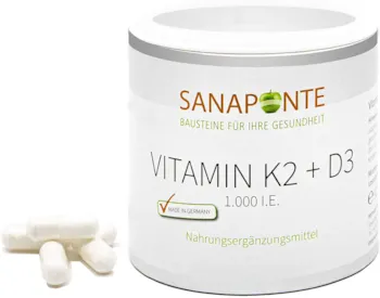 SANAPONTE Vitamin D3 & K2 -vegetarisch - hochdosiertes Vitamin D3 & MK-7 K2 - 3 Monatspackung - recyclebare Papierdosen - 1.000 I.E. pro Kapsel für Immunsystem*, Knochen*, Muskeln* und Zähne