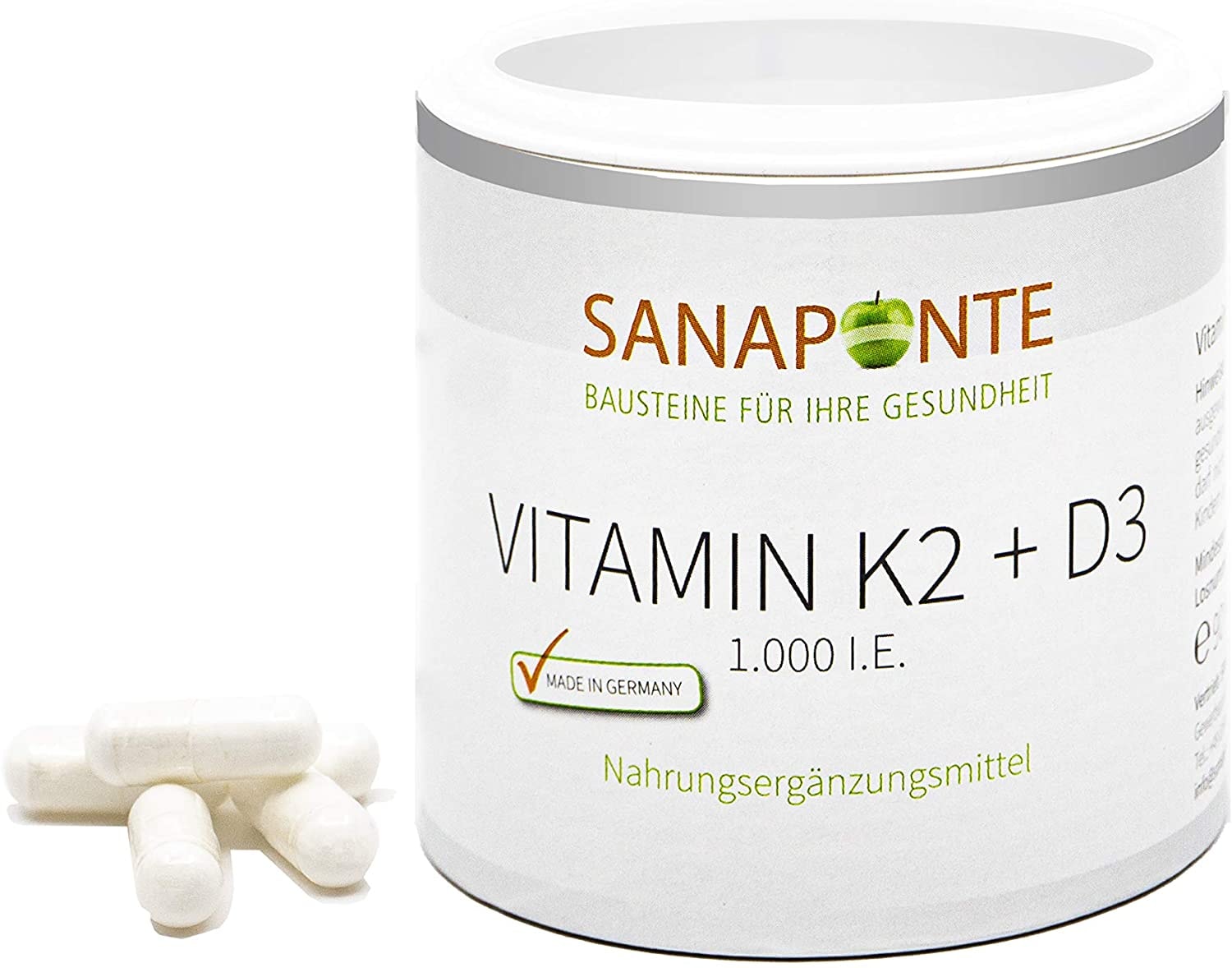 Produktbild von SANAPONTE Vitamin D3 & K2 -vegetarisch - hochdosiertes Vitamin D3 & MK-7 K2 - 3 Monatspackung - recyclebare Papierdosen - 1.000 I.E. pro Kapsel für Immunsystem*, Knochen*, Muskeln* und Zähne