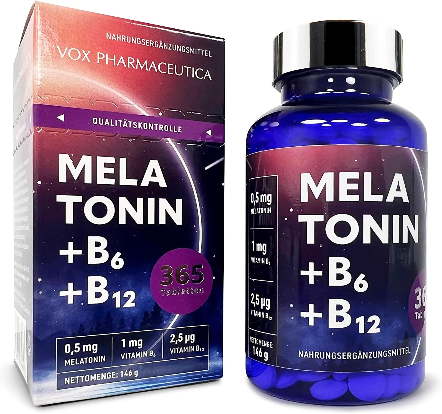 Produktbild von 360 ruhige Nächte in einer Verpackung. 0,5 mg Melatonin in einer Tablette. Mit den Vitaminen B6+ und B12. Für besseren Schlaf. (Vitamine und Mineralien Tabletten) von Vox pharmaceutica