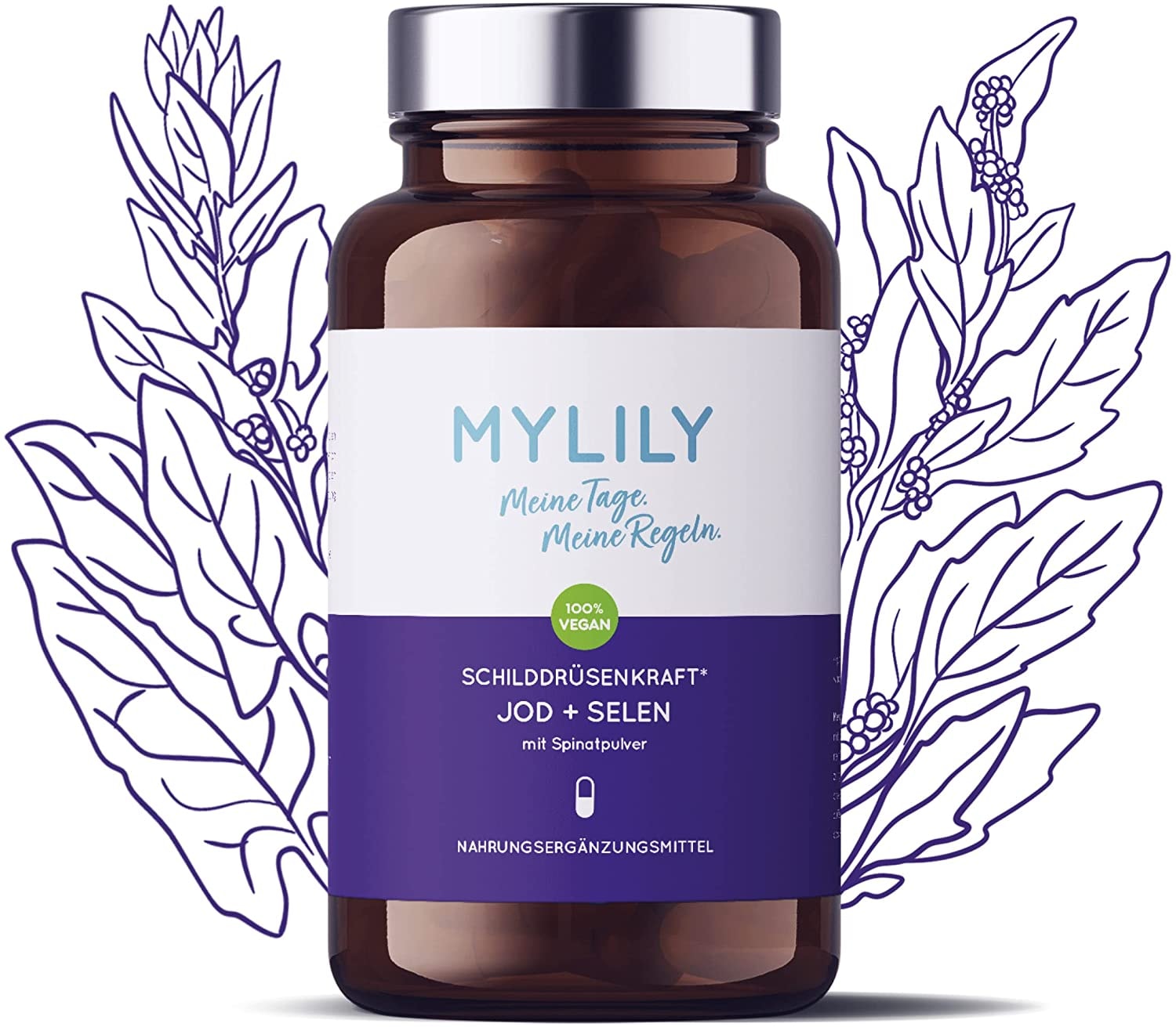 Produktbild von MYLILY® Schilddrüsenkraft I Schilddrüsenunterstützung I Bei Kinderwunsch I Jod & Selen I Folat I 100% PFLANZLICH I Vegane Ernährung I Für den Stoffwechsel I 90 Kapseln I Schilddrüsen Tabletten