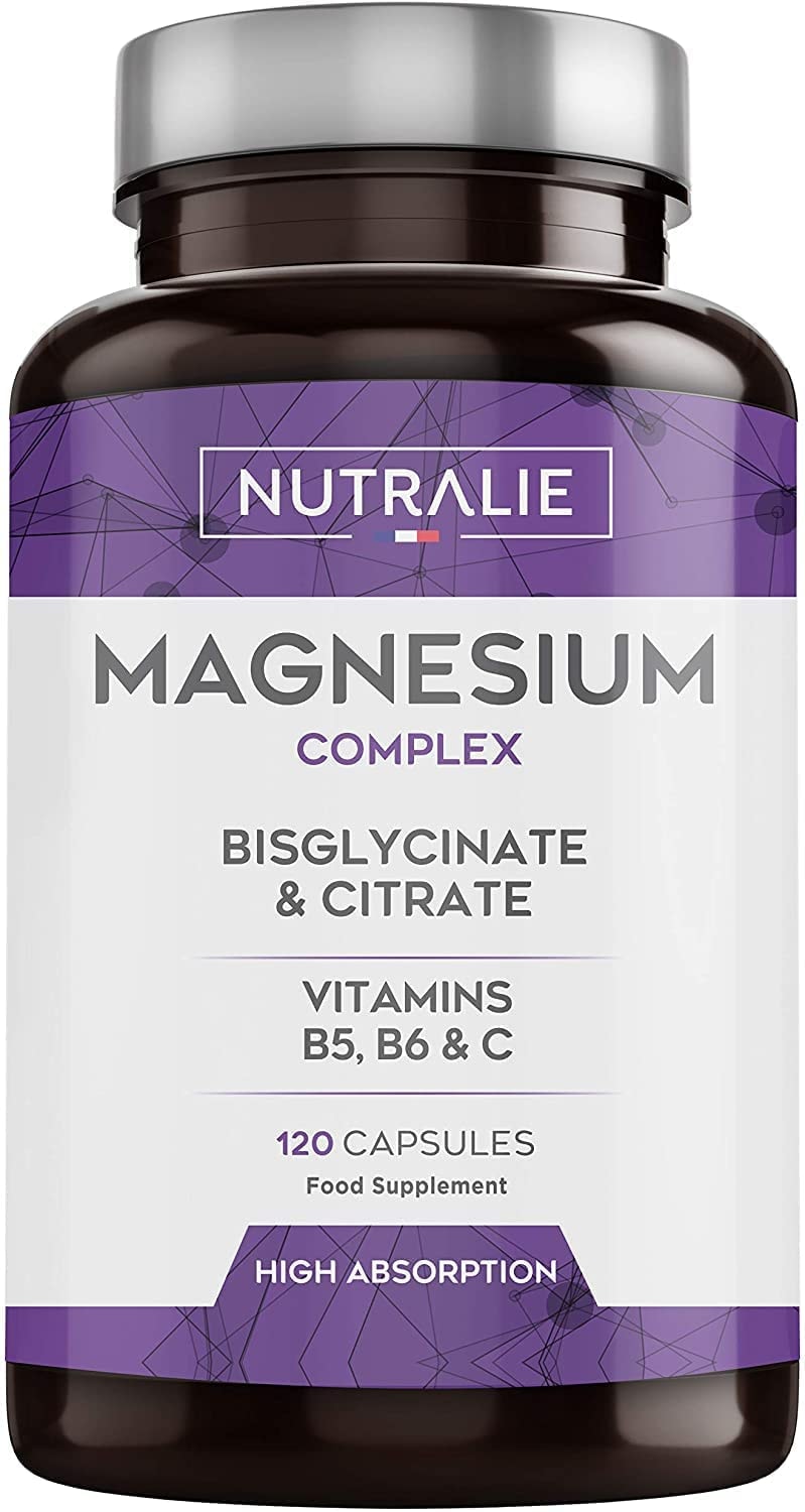 Produktbild von NUTRALIE - Magnesium und Vitamin B5, B6 und C | Magnesiumbisglycinat und Magnesiumcitrat 100% Bioverfügbarkeit | 120 Kapseln , 108g | Nutralie