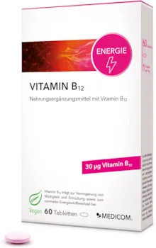 MEDICOM - Vitamin B12 - Nahrungsergänzung mit B12 zur Verringerung von Müdigkeit, für die Energie und zur Stärkung des Immunsystems, 100% Vegan, 2-Monatsvorrat - 1 x 60 Tabletten