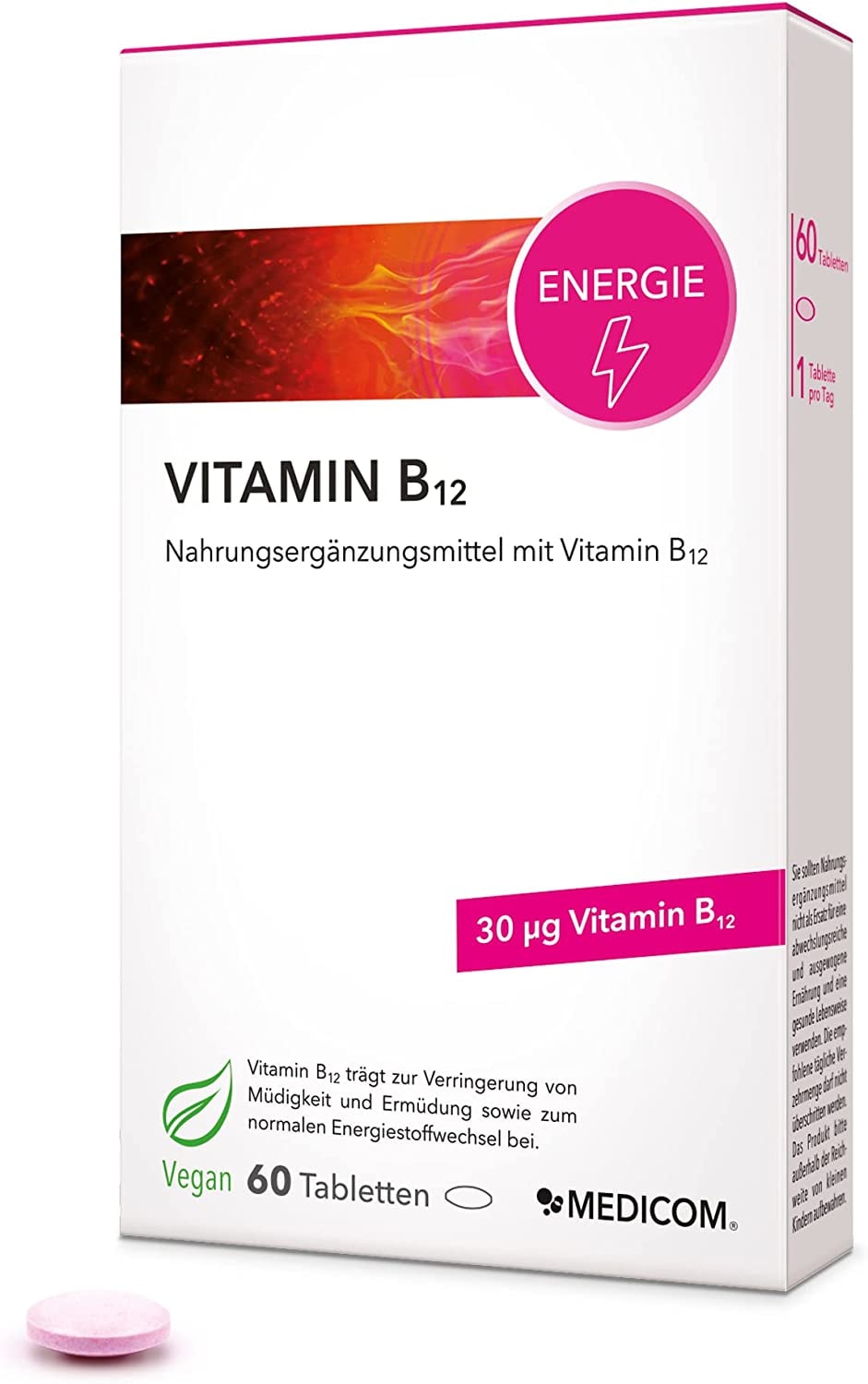 Produktbild von MEDICOM Vitamin B12 Nahrungsergänzung mit B12 zur Verringerung von Müdigkeit und für die Energie und zur Stärkung des Immunsystems, 100% Vegan, 2-Monatsvorrat - 1 x 60 Tabletten