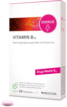 Produktbild von MEDICOM Vitamin B12 Nahrungsergänzung mit B12 zur Verringerung von Müdigkeit und für die Energie und zur Stärkung des Immunsystems, 100% Vegan, 2-Monatsvorrat - 1 x 60 Tabletten