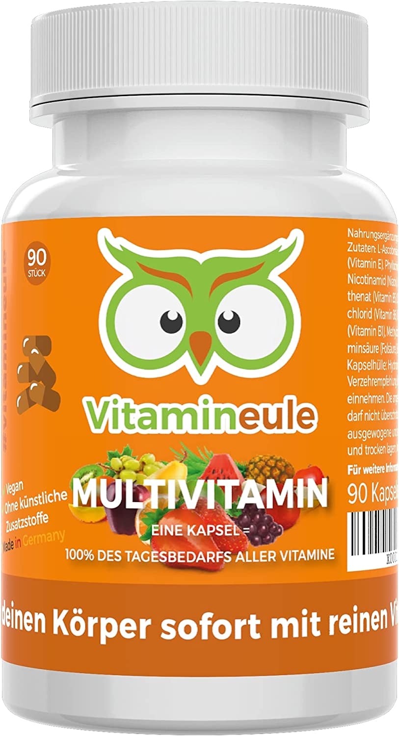 Produktbild von Vitamineule - Multivitamin Kapseln - Qualität aus Deutschland - hochdosiert - vegan - laborgeprüft - für Kinder geeignet - ohne Jod/Zusätze - alle A-Z Vitamine - kleine Kapseln statt Tabletten - Vitamineule®