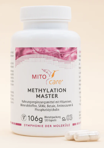 Produktbild von Bewertung MITOcare Methylation Master Kapseln Methylgruppen-Komplex Vitamine Mineralstoffe SAMe Betain Aminosäuren Phosphatidylcholin DNA-Synthese Zellteilung Nervensystem Homocystein-Stoffwechsel Fertilität Art.-Nr. 1001058
