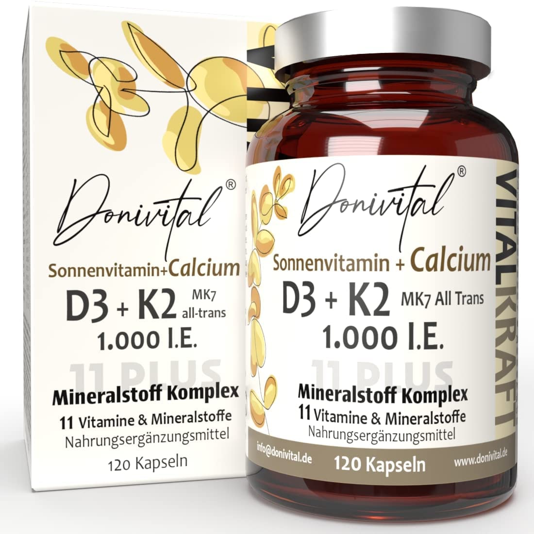 Produktbild von Donivital Vitamin D3 1000 I.E. + K2 11PLUS + Calcium. 11 hochdosierte Vitalstoffe mit den Vitaminen B1, B6, B9, B12, A, D3, K2, Calcium, Kupfer, Zink & Mangan. Für 2 Monate Vital-Kraft.