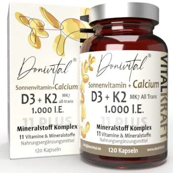 Produktbild von Donivital Vitamin D3 1000 I.E. + K2 11PLUS + Calcium. 11 hochdosierte Vitalstoffe mit den Vitaminen B1, B6, B9, B12, A, D3, K2, Calcium, Kupfer, Zink & Mangan. Für 2 Monate Vital-Kraft.