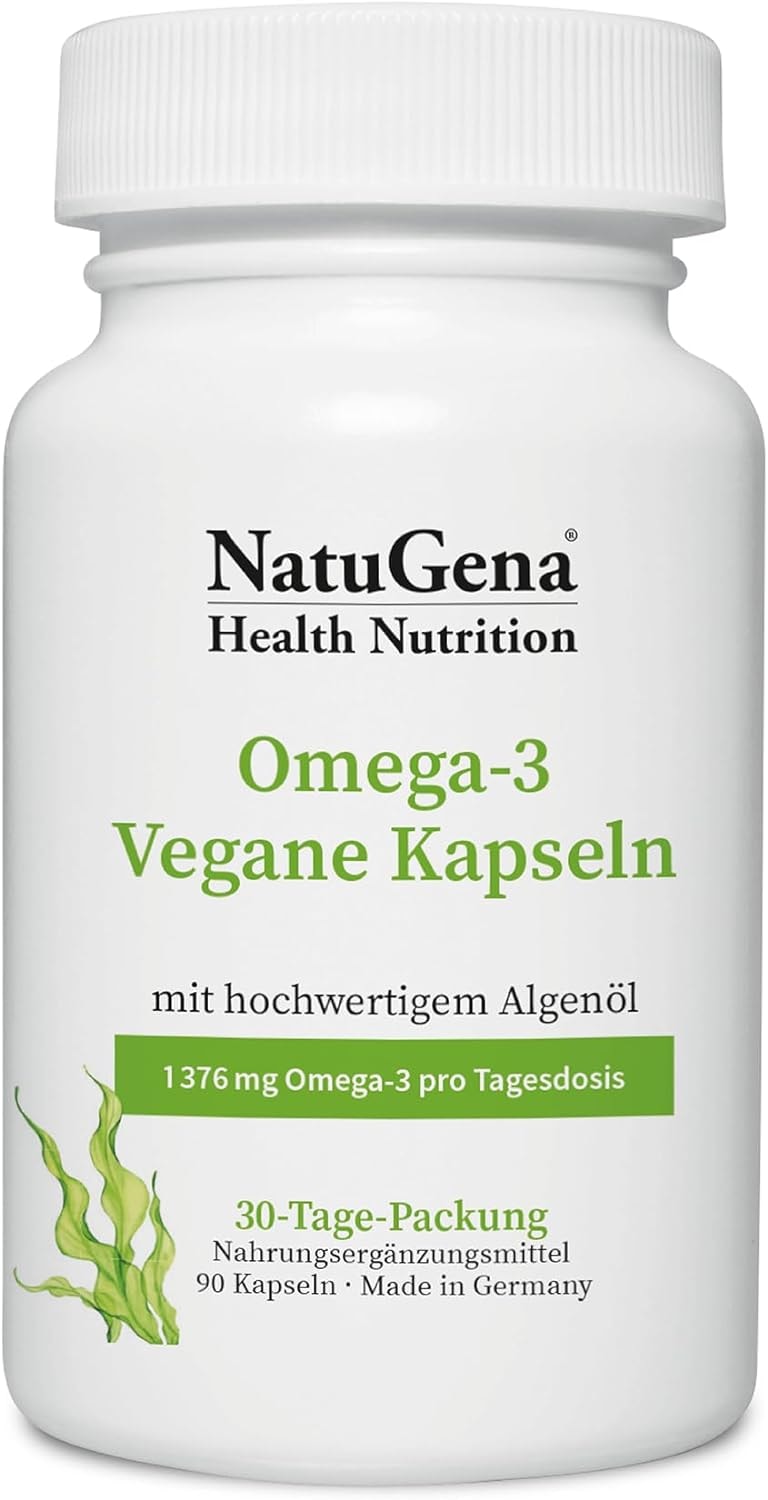 Produktbild von Bewertung NatuGena Omega-3 Vegane Kapseln 100% vegan und fischfrei rein pflanzliches Algenöl 90 Kapseln 30 Tage Packung