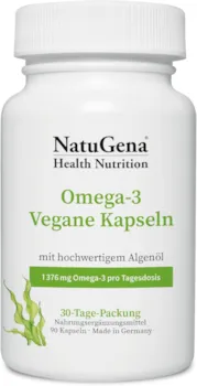 Produktbild von Bewertung NatuGena Omega-3 Vegane Kapseln 100% vegan und fischfrei rein pflanzliches Algenöl 90 Kapseln 30 Tage Packung
