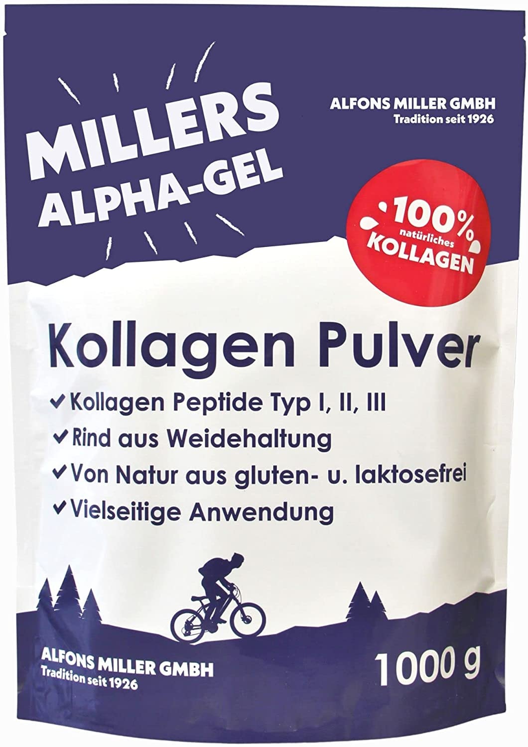 Produktbild von ALFONS MILLER GMBH 100% Kollagen Hydrolysat Pulver Peptide Typ 1, 2, 3 I Collagen Protein Pulver I Millers Alpha-Gel 1000 g I Ohne Zusatzstoffe I in Deutschland hergestellt
