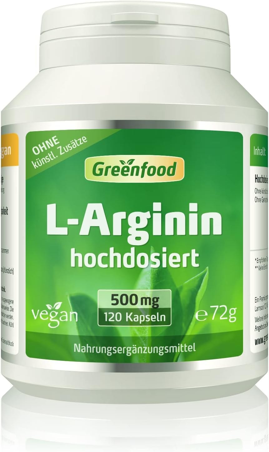 Produktbild von Bewertung Greenfood L-Arginin pur 500 mg hochdosiert vegan 120 Kapseln OHNE Zusätze ohne Gentechnik